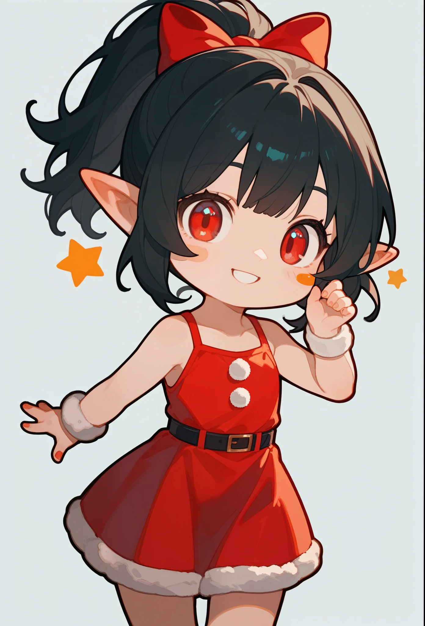 score_9, score_8_up, score_7_up, score_6_up, score_5_up, score_4_up, source_anime, chibi, (cute sticker style:1.3), (1girl, solo), kawaii, smiling, red eyes, black hair, (short hair, ponytail), red sundress, pointy ears, ((simple background, plain background)), Christmas theme.