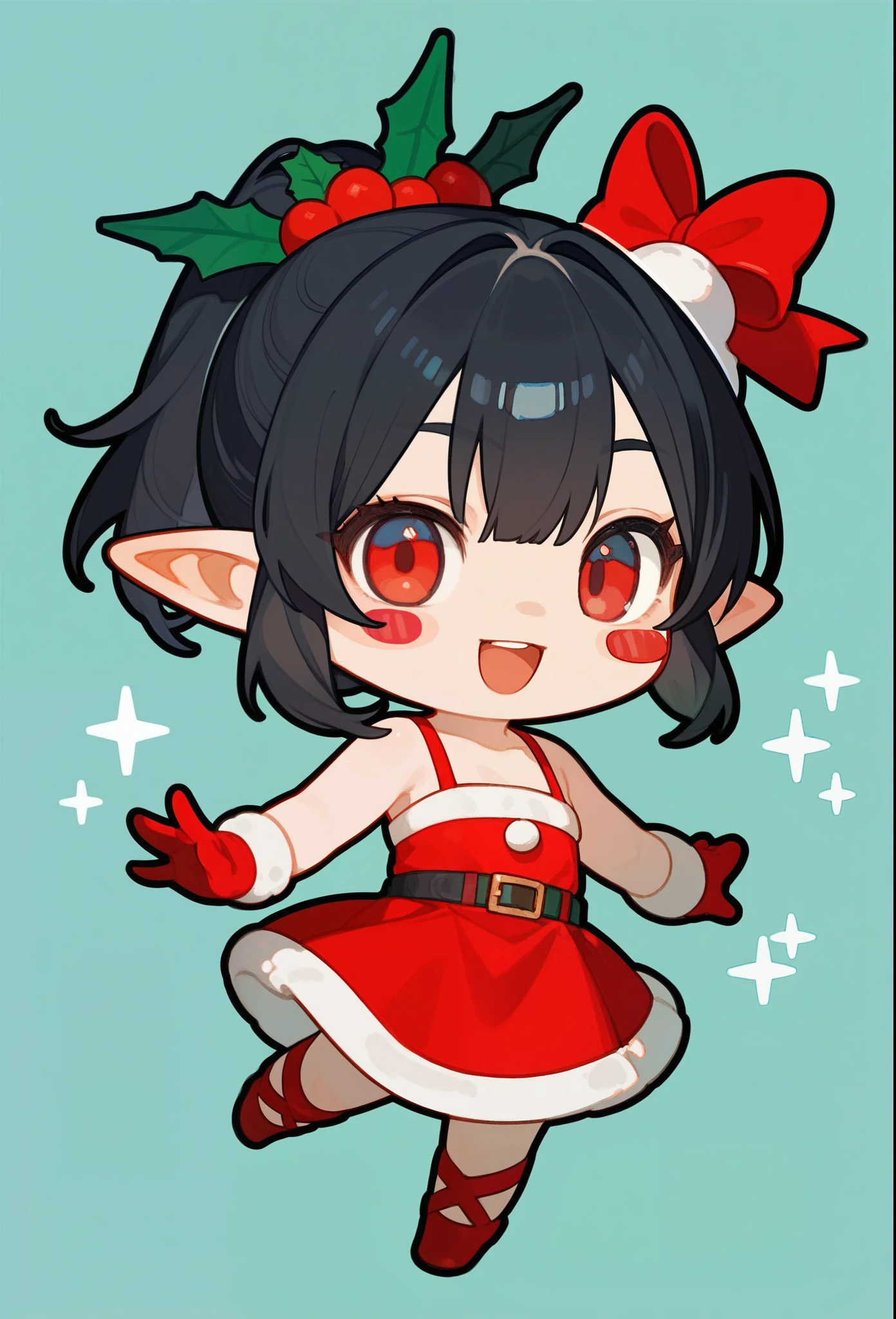 score_9, score_8_up, score_7_up, score_6_up, score_5_up, score_4_up, source_anime, chibi, (cute sticker style:1.3), (1girl, solo), kawaii, smiling, red eyes, black hair, (short hair, ponytail), red sundress, pointy ears, ((simple background, plain background)), Christmas theme.