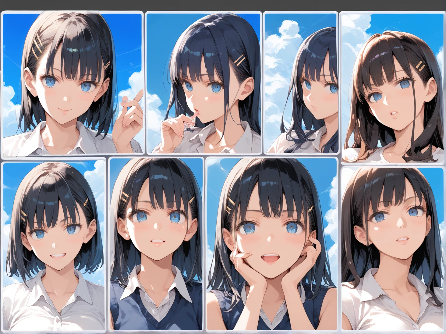 masterpiece,  High Definition , best quality,8k,
(((multi view, manga pages)))   girl  、（（smilling））, (Expressive,various angles),sky blue back,