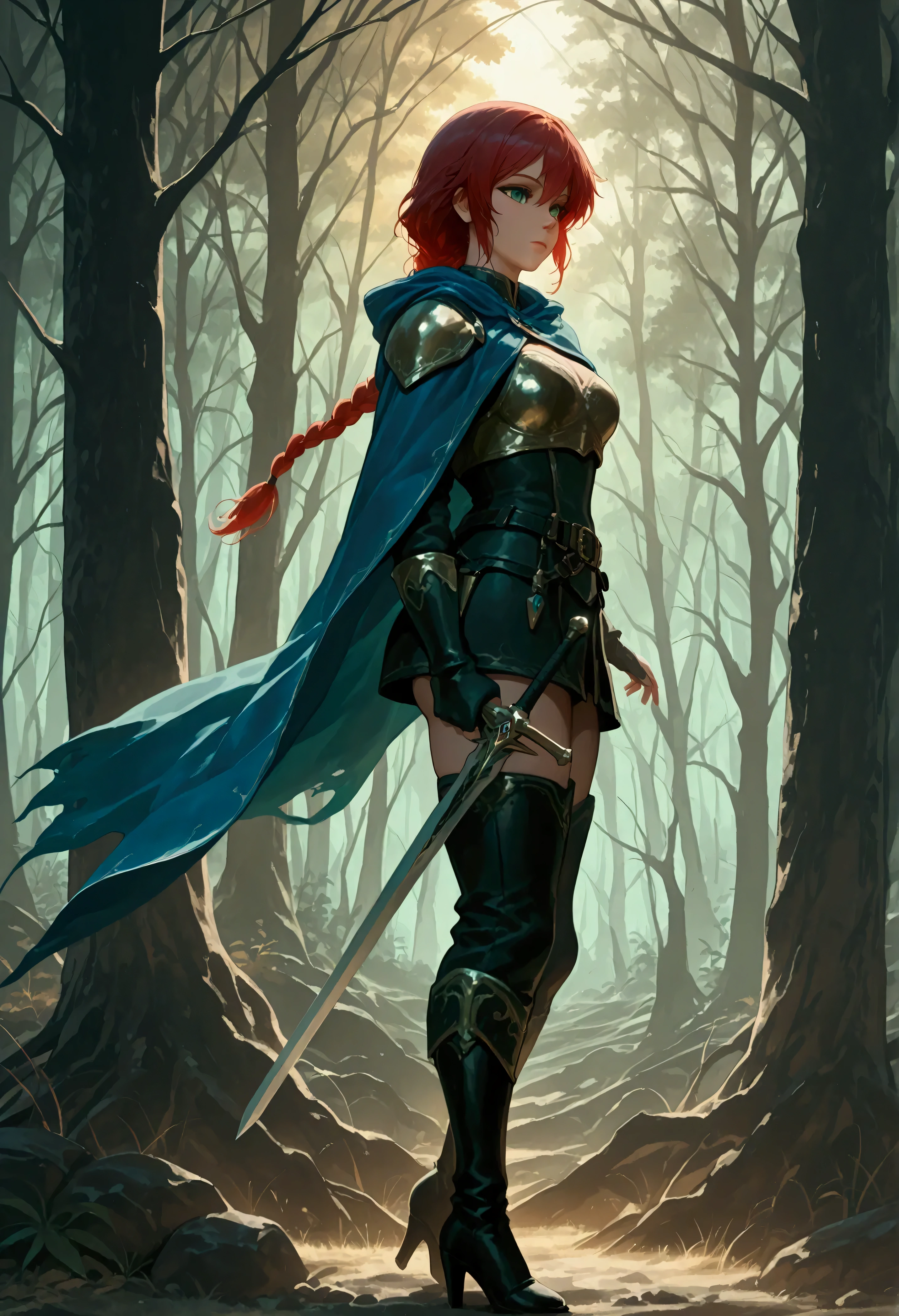 score_9, score_8_up, score_7_up, score_6_up, score_5_up, score_4_up, fantasy art, RPG art, Dark fantasy art, ultra wide shot, RAW, photorealistic, a portrait picture of female human ranger, the ranger, an exquisite beautiful human woman, long red hair, braided hair, green eyes, wearing leather armor, wearing (blue cloak: 1.1), armed with a (sword: 1.3), wearing high heels boots, standing in a dark forest at night, (mist rising from the grounds: 1.3), a sense of dread and fear, yet she stands defiant and fearless, dark fantasy forest background, best quality, 16k, [ultra detailed], masterpiece, best quality, (ultra detailed), full body, ultra wide shot, Cinematic Shot