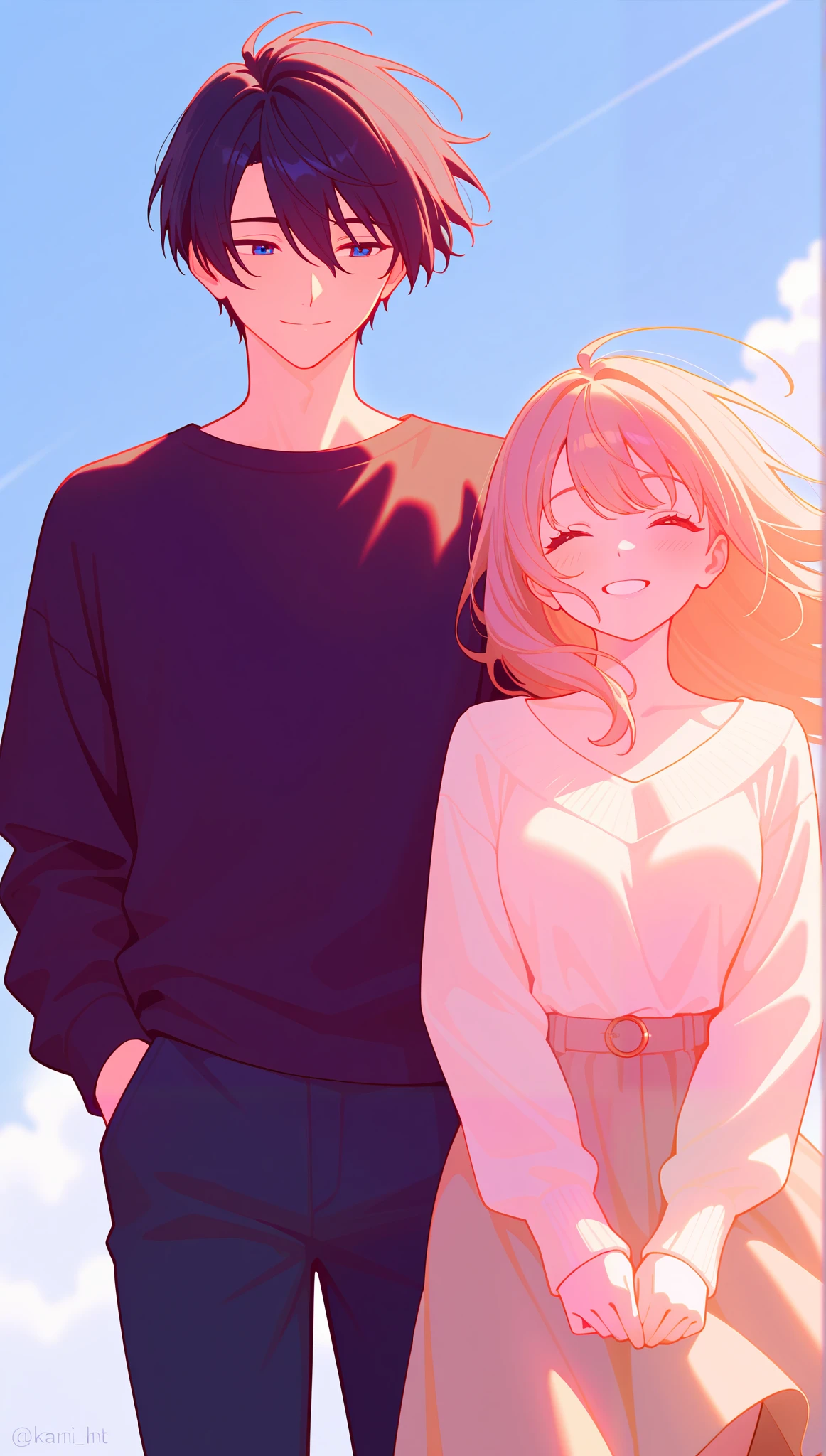 masterpiece, anime, kawaii, romantic, best quality, 2others, couple, mature, Adult, height difference, different fashion, different colors, casual clothes, long sleeves, smile, happy, love, spinning wind, blue sky, Man with long hair, Man with light brown hair, woman with black hair, woman with black hair