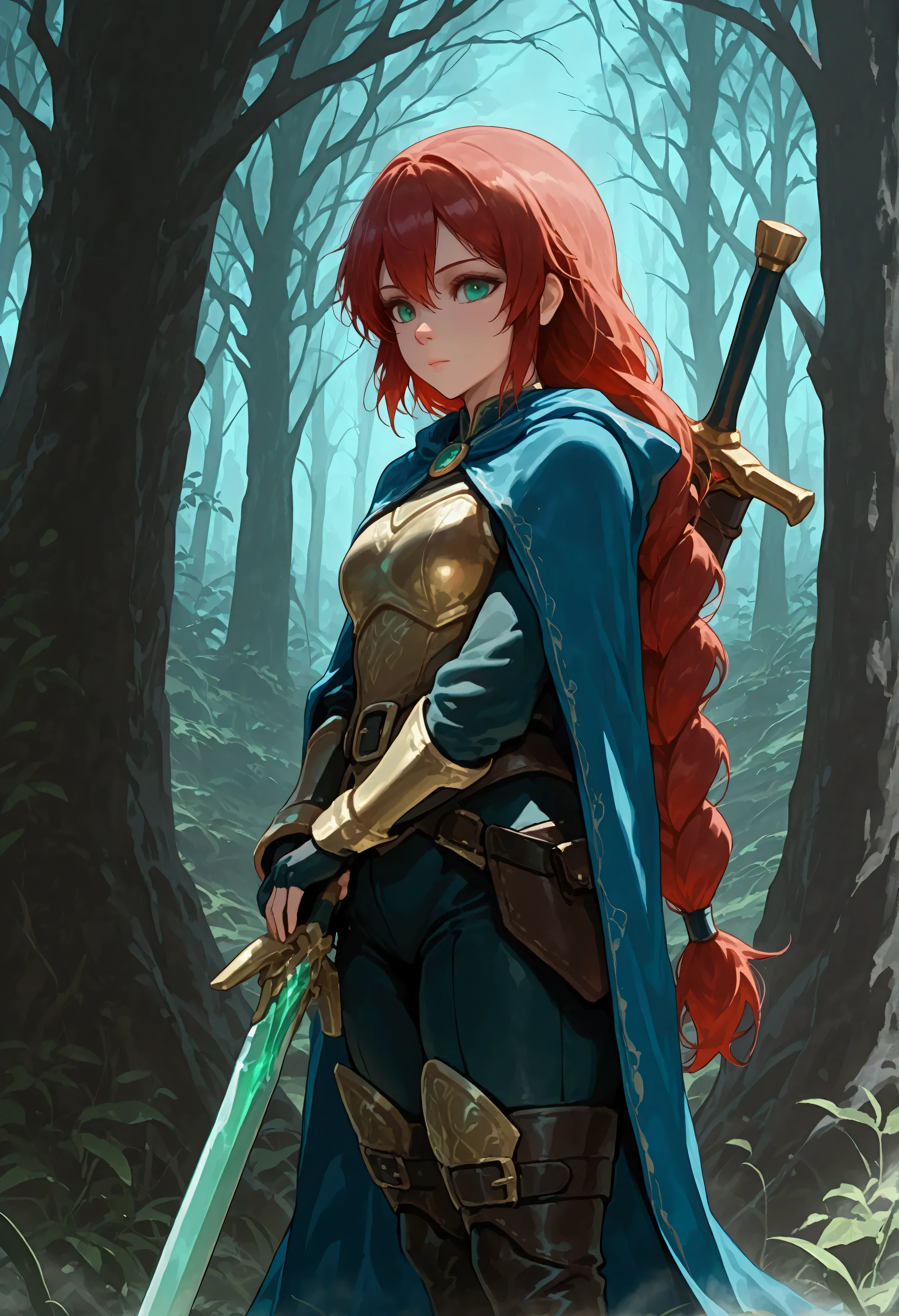 score_9, score_8_up, score_7_up, score_6_up, score_5_up, score_4_up, fantasy art, RPG art, Dark fantasy art, ultra wide shot, RAW, photorealistic, a portrait picture of female human ranger, the ranger, an exquisite beautiful human woman, long red hair, braided hair, green eyes, wearing leather armor, wearing (blue cloak: 1.1), armed with a (sword: 1.3), wearing high heels boots, standing in a dark forest at night, (mist rising from the grounds: 1.3), a sense of dread and fear, yet she stands defiant and fearless, dark fantasy forest background, best quality, 16k, [ultra detailed], masterpiece, best quality, (ultra detailed), full body, ultra wide shot, Cinematic Shot