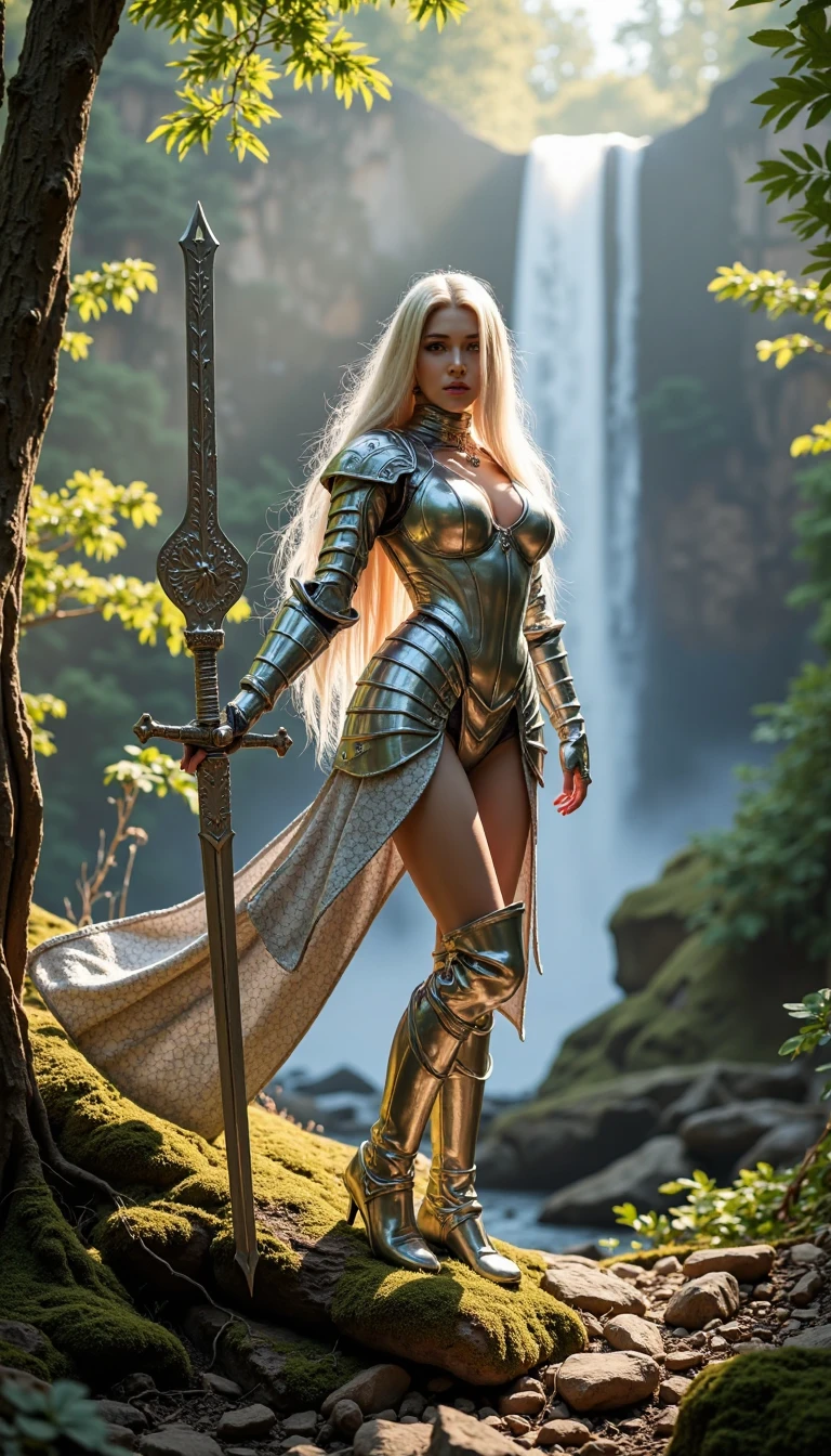 (Best Quality), (ultra-detailliert), (master piece), (hight resolution), (Original), (the Extremely Detailed CG Unity 8K Wallpapers), [:(Face detail: 1.4): 0.4], 16K resolution, 1 girl, 18 years young, medieval setting, (beautiful face, beautiful light blue eyes, long blond hair), (black steel armor, black mini skirt, leather straps on legs, hardened steel, very detailed armor), arrogant facial expression, conceited, confident, decadent (oak forest, giant oak tree, detailed forest in background, sunset background, bright lights, brightly lit), skintight armor, wearing silver necklace, slit cleavage, beautiful silver braclets, knik hips, slim waist, slim body, wears wide silver hip belt with silver buckle, hip belt is adjusted too tightly, hip belt cuts into waist, close up portrait