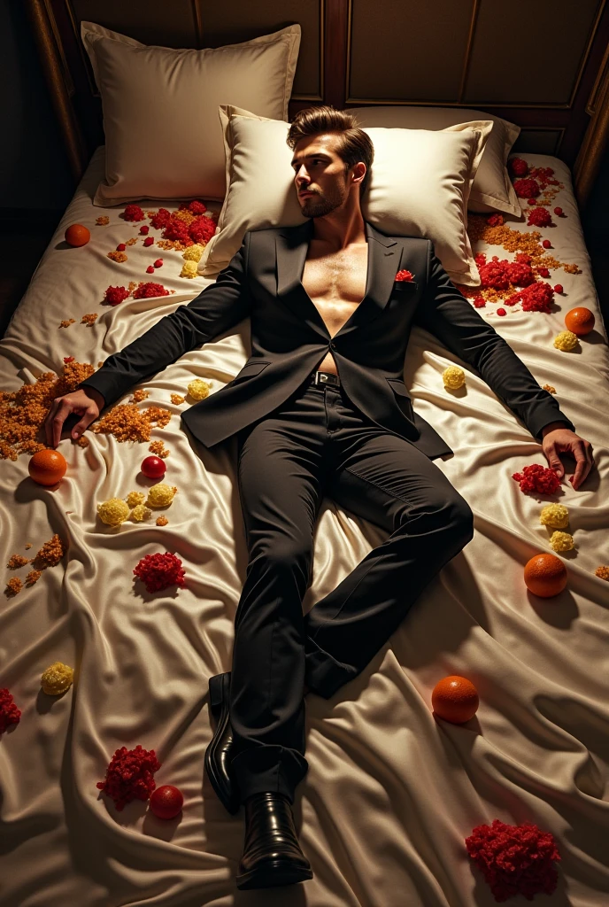 full body photorealistic handsome hunky shirtless adult white haired Jack Frost, lying on a bed of white winter roses