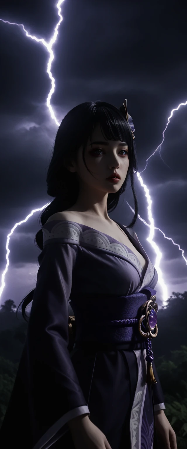 Goddess of thunder and lightning, 1girl, Raiden Shogun Ei from genshin impact, extremely detailed goddess of death, highly detailed kimono, extremely detailed and revealing gothic off-shoulder kimono, dark and stormy night, lightning blazing in the skies, extremely detailed and realistic skin, extremely detailed medium perky breasts, dramatic cinematic lighting, intricate details, dramatic atmosphere,dark purple hair, dark moody lighting, lush garden background, dramatic colors, photorealistic, 8k, best quality, masterpiece, deep low-cut neckline showing décolletage, life-like and Photorealistic taken from a Leica m9 50mm 1.2 pouting kissable lips 