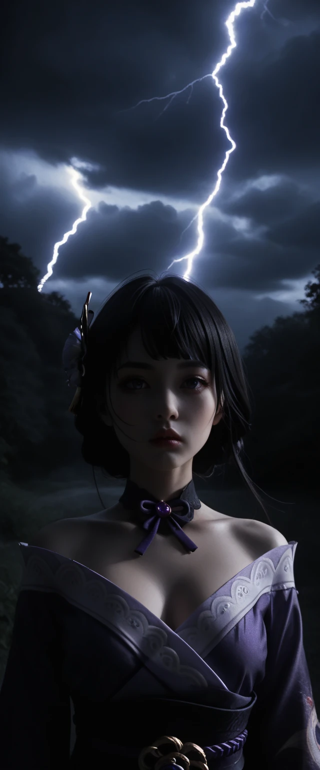 Goddess of thunder and lightning, 1girl, Raiden Shogun Ei from genshin impact, extremely detailed goddess of death, highly detailed kimono, extremely detailed and revealing gothic off-shoulder kimono, dark and stormy night, lightning blazing in the skies, extremely detailed and realistic skin, extremely detailed medium perky breasts, dramatic cinematic lighting, intricate details, dramatic atmosphere,dark purple hair, dark moody lighting, lush garden background, dramatic colors, photorealistic, 8k, best quality, masterpiece, deep low-cut neckline showing décolletage, life-like and Photorealistic taken from a Leica m9 50mm 1.2 pouting kissable lips 