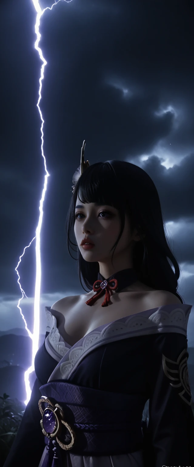 Goddess of thunder and lightning, 1girl, Raiden Shogun Ei from genshin impact, extremely detailed goddess of death, highly detailed kimono, extremely detailed and revealing gothic off-shoulder kimono, dark and stormy night, lightning blazing in the skies, extremely detailed and realistic skin, extremely detailed medium perky breasts, dramatic cinematic lighting, intricate details, dramatic atmosphere,dark purple hair, dark moody lighting, lush garden background, dramatic colors, photorealistic, 8k, best quality, masterpiece, deep low-cut neckline showing décolletage, life-like and Photorealistic taken from a Leica m9 50mm 1.2 pouting kissable lips 