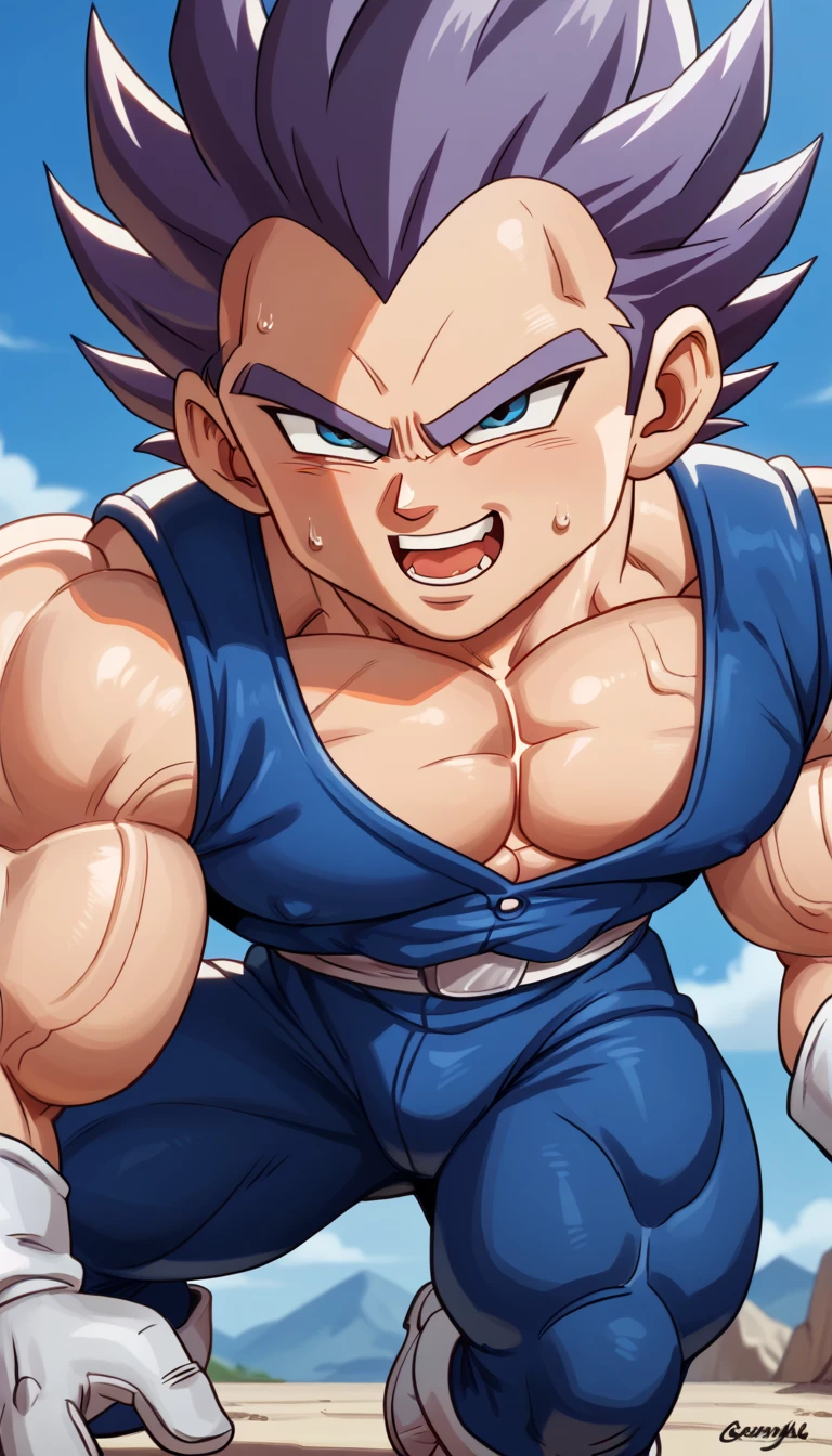  top quality,Anatomical, Big Muscles ,Demon Body,gigantic penis,Chibi, glossy skin, pubic skin,vegeta, unique dark blue outfit, white gloves, white boots, Purple hair, blue eyes,Showing off his penis,Combat Uniform,Warrior race,Writhing in agony, Open your big mouth and look diagonally upward,Release the qi ,veins,Scream,