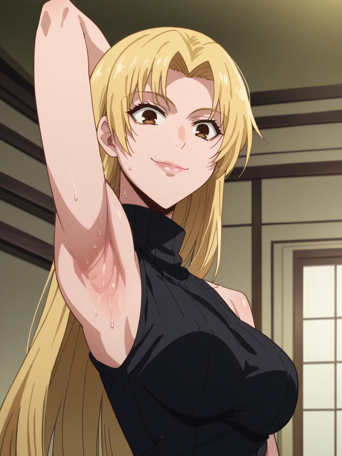 score_9, score_8_up, score_7_up, source_anime, anime screencap, 1girl, solo, yuki tsukumo, long hair, brown eyes, blonde hair, parted bangs, bare shoulders, bare arms, arm behind head, armpit, looking at viewer, head towards viewer, smile, badhandv4, indoors, closed mouth, black sweater, sleeveless sweater, ribbed sweater, turtleneck, from side, from below, sweaty armpits