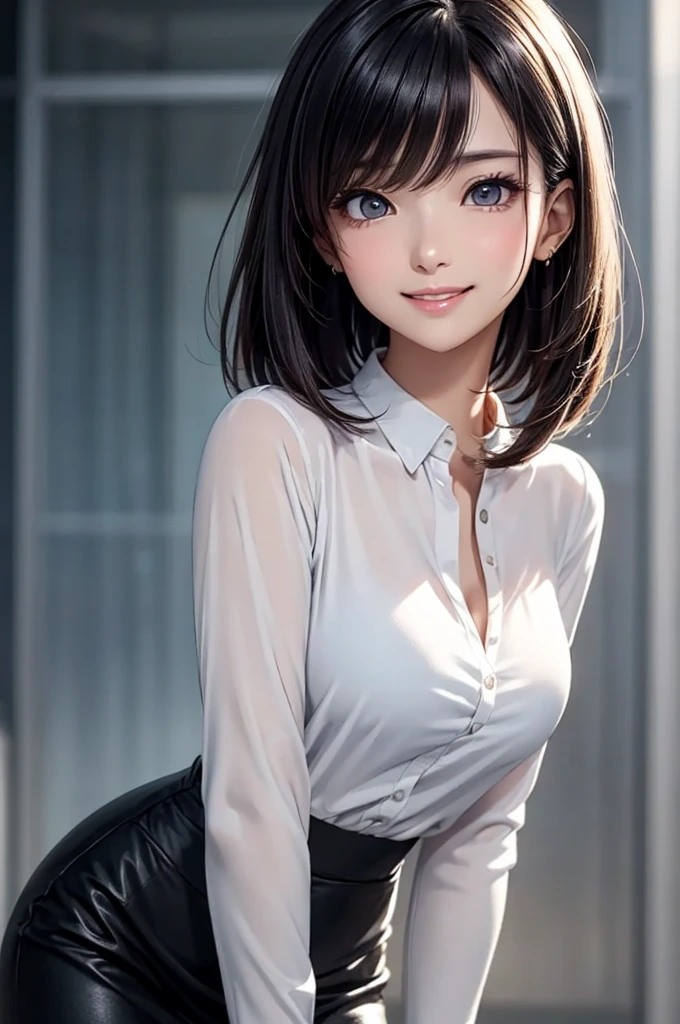 (masterpiece:1.2), high quality, high resolution, ultra detailed, 4K, 8K, beautiful, realistic, illustrative realism, dynamic lighting, A woman standing in a fashion model stance, angle from a diagonal, cowboy shot, looking at viewer, (detailed beautiful face), (detailed beautiful eyes:1.2), black eyes, narrow eyes, (straight bob hair), black hair, detailed hair, asymmetrical bangs, smile, blush, (beautiful breasts), shiny skin, (u-neck white blouse), (see-through:0.8), long sleeve, medium skirt, high heels, gray background, 