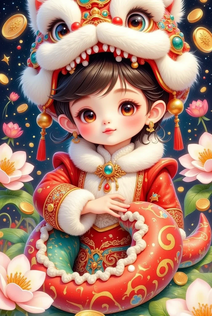 (Closeup of a beautiful boy wearing a Chinese lion hat)， cute faces，Open your arms，Snake Body，A snake tail in the back， Rain of coins in the air。Flowers，Cute and lovely