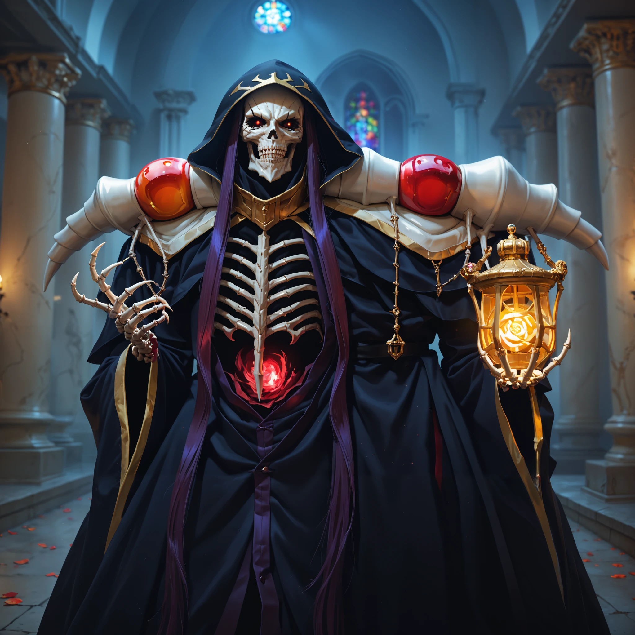 score_9, score_8_up, score_7_up, score_6_up, source_anime, best quality, masterpiece, colorful, very aesthetic, anime, BREAK  ainz ooal gown, skeleton, lich, dark robe, red dot eyes, overlord, so-bin style, teeth, hood