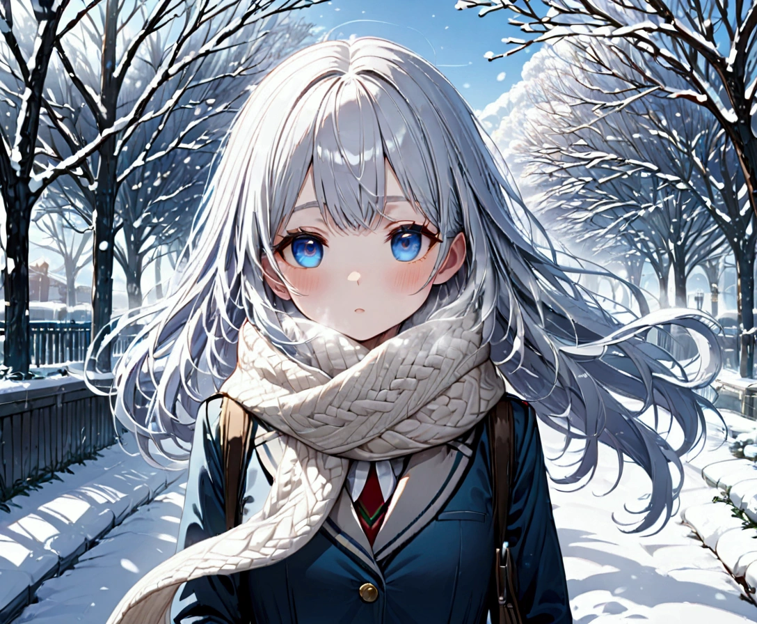 young girl, long silver hair, blue eyes, school uniform, white scarf, snow