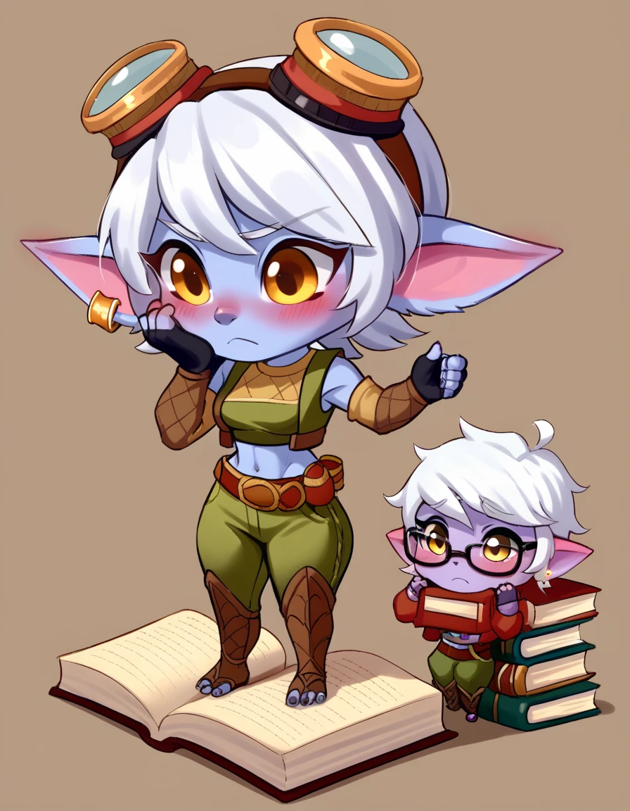 TristanaLolXLv2, purple skin,  colored skin, shortstack, yordles, Chibi,  yellow eyes ,  white hair,  short hair,  a single earring ,  glasses on the head ,  Pointy ears ,  medium breasts, green abdomen , Sleeves on the arms,  black gloves,  fingerless gloves,  elbow length gloves,  green pants , brown belt, brown stockings, fingerless stockings, blushing, abriendo la boca, Hand of the human spectator holding the hand, book