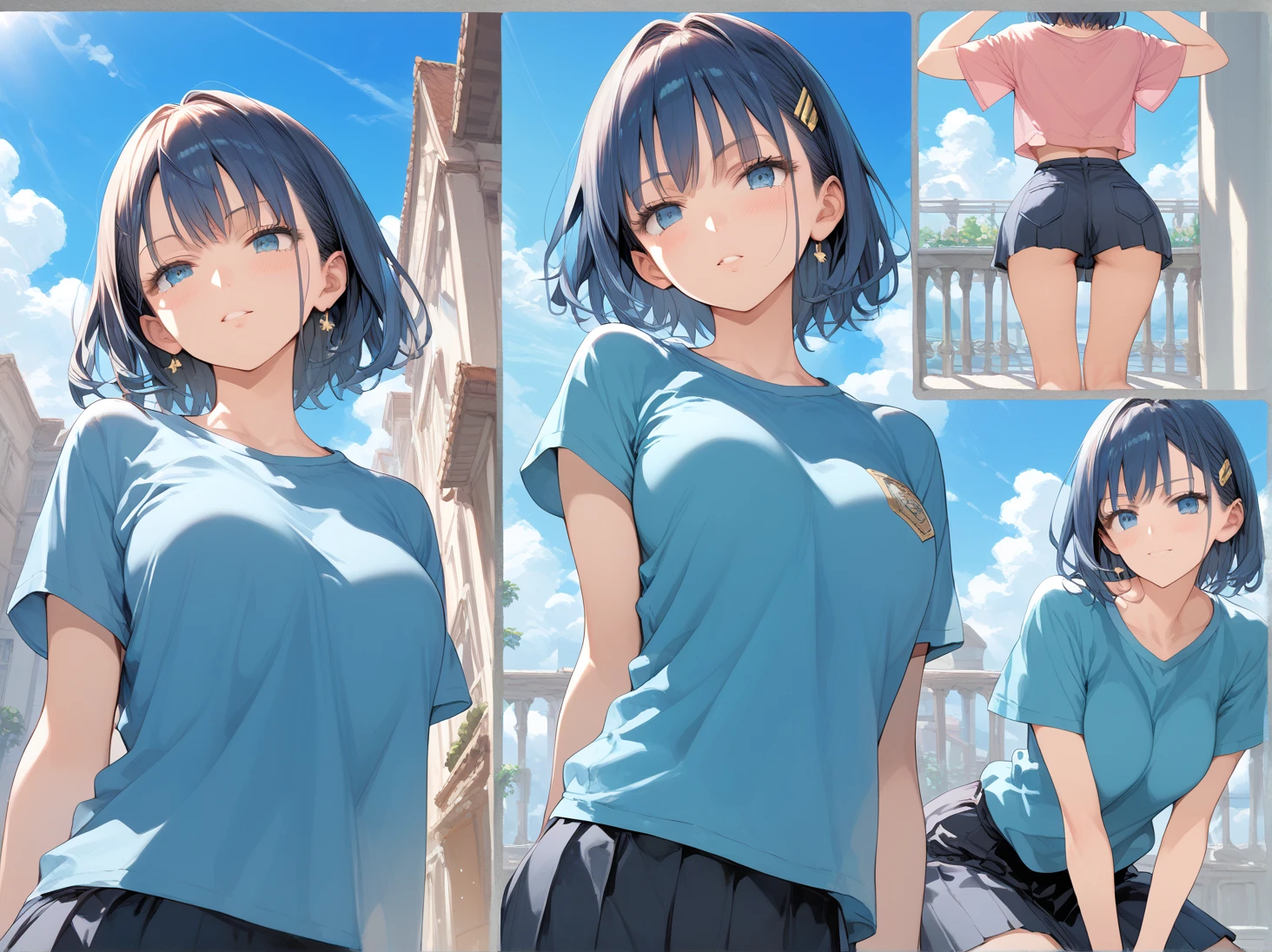 masterpiece,  High Definition , best quality,8k,
(((multi view, manga pages)))  school girl  、（（smilling））, (Expressive,various angles),sky blue back,