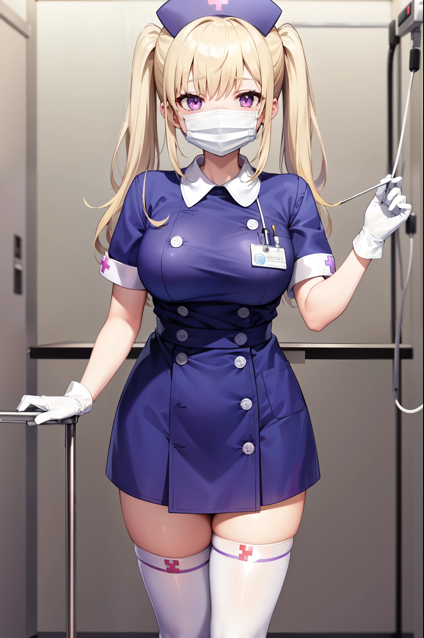 1woman, solo, nurse, white nurse cap, white nurse uniform, ((white legwear, zettai ryouiki)), white gloves, blonde hair, blue eyes, ((white surgical mask, covered nose)), standing, ((hospital room)), sharp outline, short sleeves, mature female, 35 years old, best quality, masterpiece