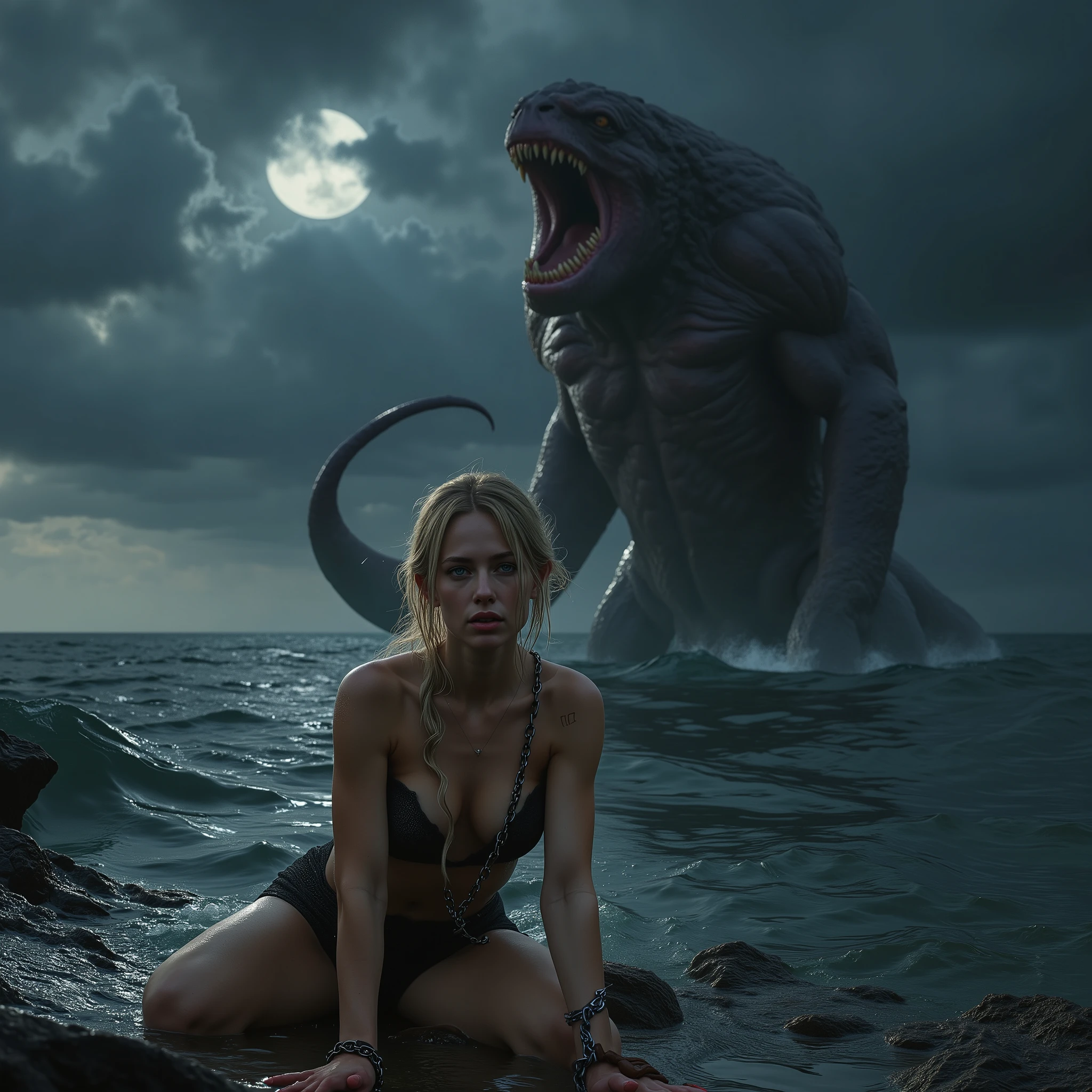 (best image quality, 4k, 8K, high resolution, masterpiece:1.2), (super detailed realisticphoto:1.37), (Serious situation:1.1), (A neon-colored:1.4), (A scene from an ancient Greek myth, The beautiful princess Andromeda was sacrificed to the giant ugly monster Kraken:1.2), (A large photo of Princess Andromeda, a beautiful blonde woman with chains around her wrists, Beautiful naked princess with blue eyes, Photo taken from behind, (Her hands are shackled and long chains are attached to them:1.6), (Andromeda is in distress:1.1), far away, The upper half of a gigantic, ugly man-eating monster, the Kraken, emerges from the sea, Life-threatening situations, Moderate: figure, Detailed figure, Digital figure, strong shadow (Firm texture:1.1), detailed: (eerie atmosphere, eerie clouds, dark lighting, Muddy seawater:1.2), detailed: The princess's desperate expression, Scary eyes, Bare feet with scars, The rippling muscles of the monster's upper body, The monster&#39;s scales shine in the moonlight, artistic style, dark fantasy, Scary mythical creatures, Dramatic Composition Color Palette: creepy lighting: The eerie moonlight casts an unforgettable shadow, The spotlight shines on the princess and the monster; (Amazingly powerful and realistic compositions by Greg Rutkowski:1.2)