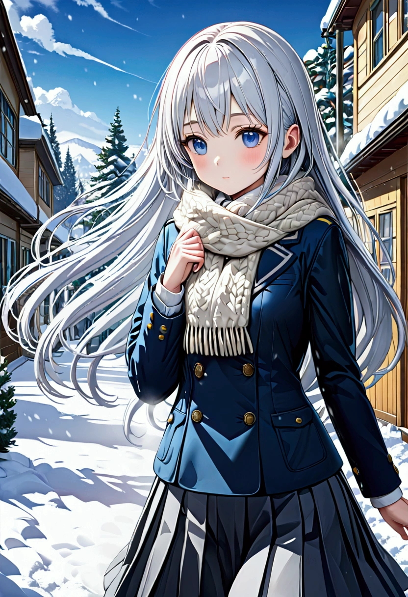 young girl, long silver hair, blue eyes, school uniform, white scarf, snow, 8K HD