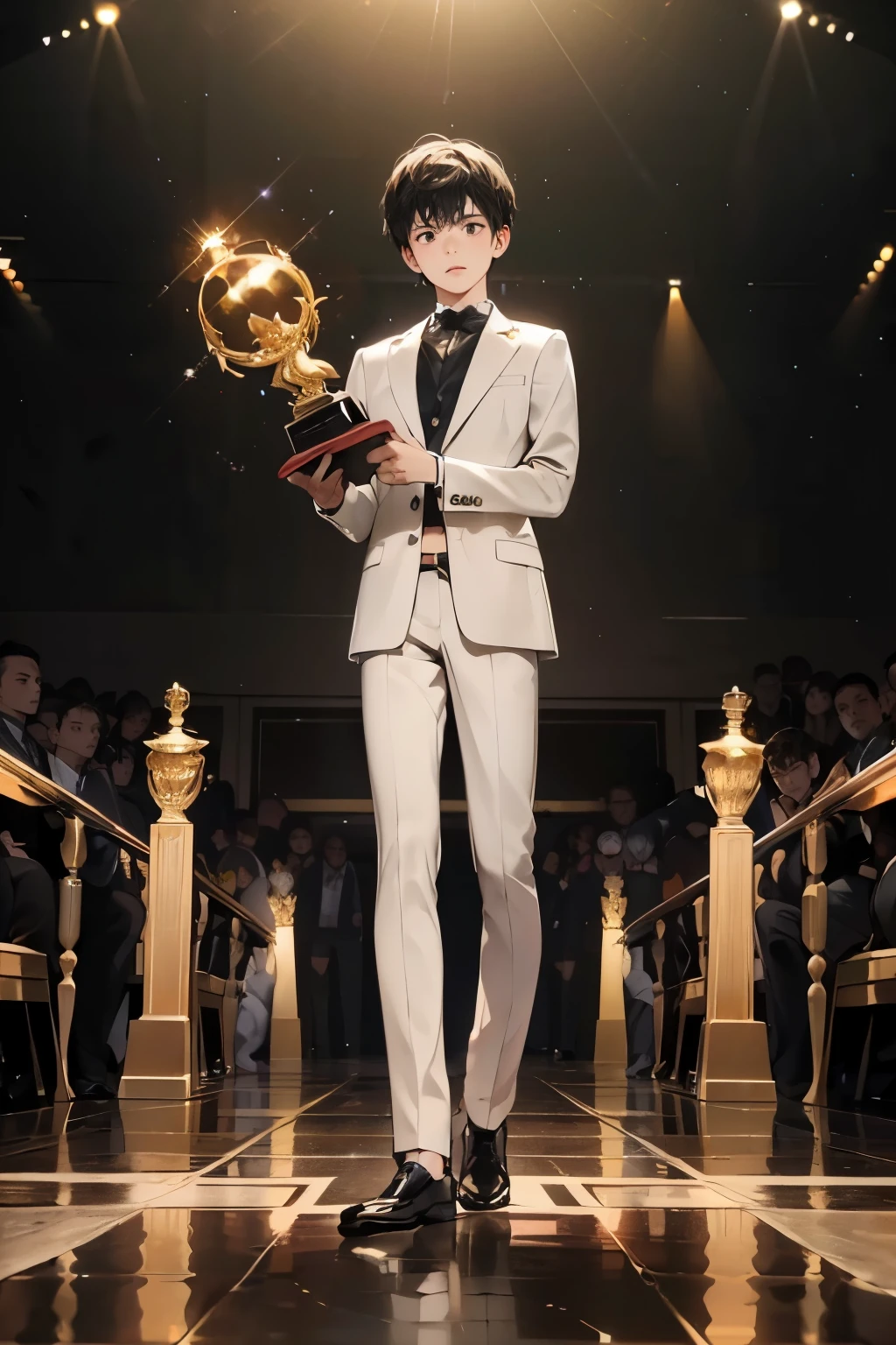 ((Best quality)), ((masterpiece)), (detailed), ((perfect face)), 10 old boy, short boy, black hair, 150 cm tall, standing alone on an awards ceremony stage, full body, spotlight, Wear a suit, Holding a golden trophy (distant view:1.8)