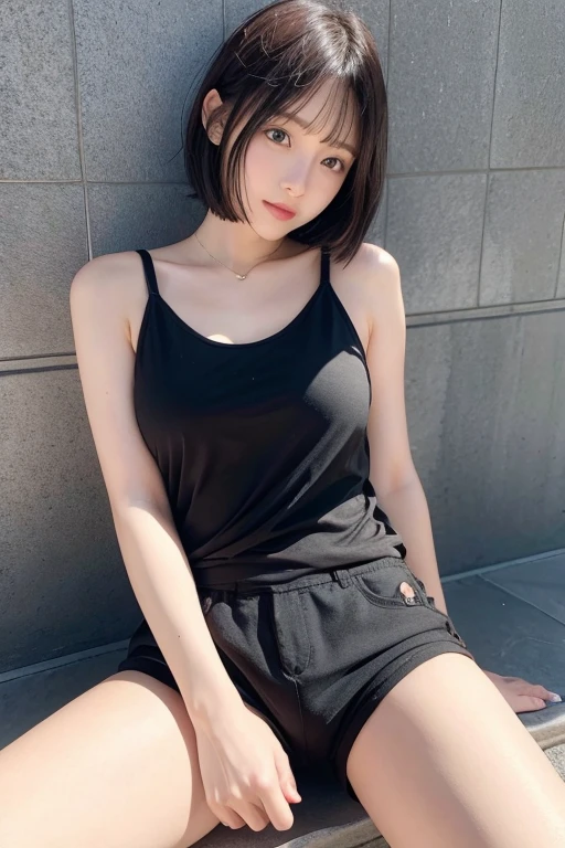 huge tit、g-cup、22year old、with round face、Brown Bob Short Hair、having clothes are worn、squatting