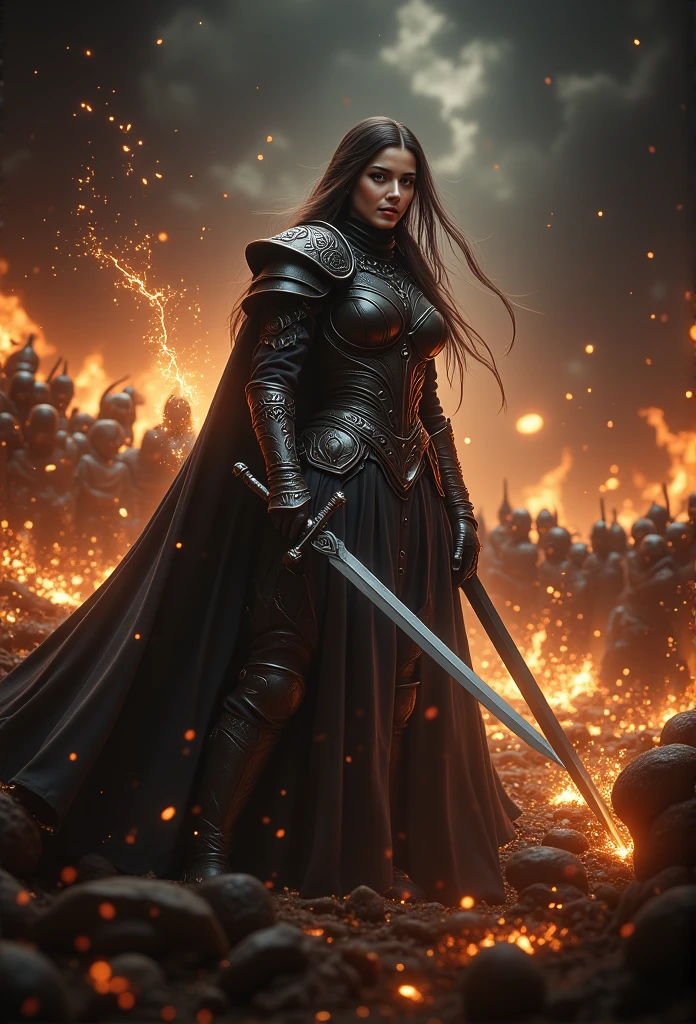 Gorgeous medieval warrior Princess, darkness, sparks, sword, fire, greatest detail, sexy, battle in background 