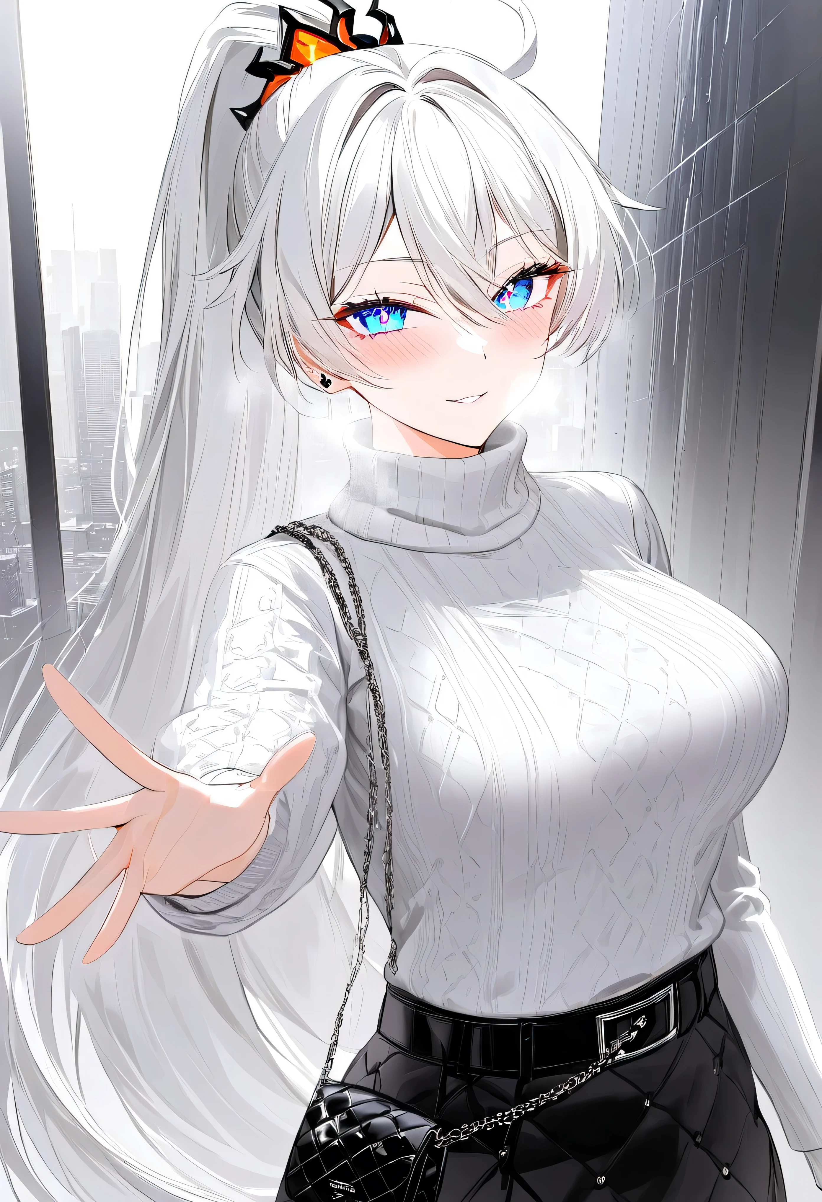 score_9, score_8_up, score_7_up, masterpiece, best quality, very aesthetic, absurdres, 1girl, adult grown woman, solo, kiana kaslana \(honkai impact 3rd\), herrscher of finality, white hair, ahoge, ponytail, very long hair, blue eyes, symbol-shaped pupils, glowing eyes, blush, seductive smile, heavy breathing, reaching towards viewer, elegant business attire, light trench coat, form-fitting black skirt, white blouse, turtleneck sweater underneath, belt with metallic logo, quilted black handbag with chain strap, subtle jewelry, modern corporate style, highly polished appearance, monochrome palette, classy minimalist fashion, city background, professional aesthetic