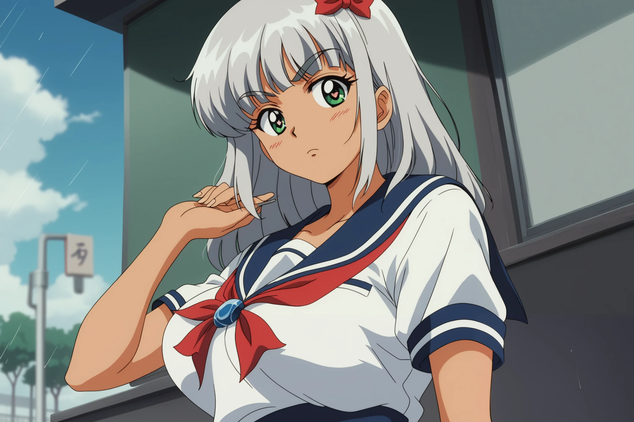 Older woman drawn in 80’s anime art style. 
Retro anime   . Vintage Anime. Classical Anime. 
White Grey HAIR
Hime Cut Hair
Tall
(Round and Circle eyes)
(Green eyes)
(Medium Sized Eyebrows)
(Tan Woman)
(Large Breast)
Annoyed

She is wearing the sailor fuku (セーラー服, sērā fuku, sailor outfit) is a common style of uniform worn by female  students, traditionally by high school students, and occasionally, elementary sc of the school uniform’s top and bottom are navy blue. 

A ribbon is tied in the front and laced through a loop attached to the blouse.

The uniform generally consists of a blouse attached with a sailor-style collar and a pleated skirt.

(Raindrops) (Rainy Sky) (School)

(Solo)