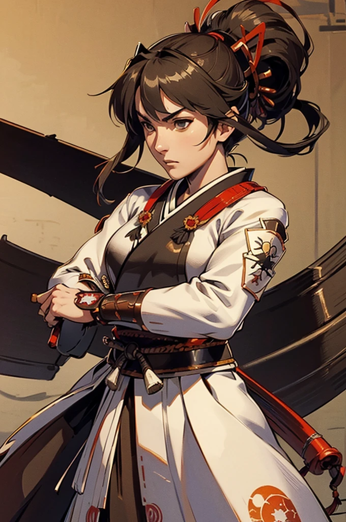  top quality,  Masterpiece,  highest resolution， (Traditional Japanese Samurai Armor), （battlefield_background）， ship this_Zuikaku，woman， anime style , （4K）, Alone， ((whole body)) ，  Nobunaga's Ambition with a tin cane illustration style，  looking at camera,  hyper-detail , ( intricate details ),