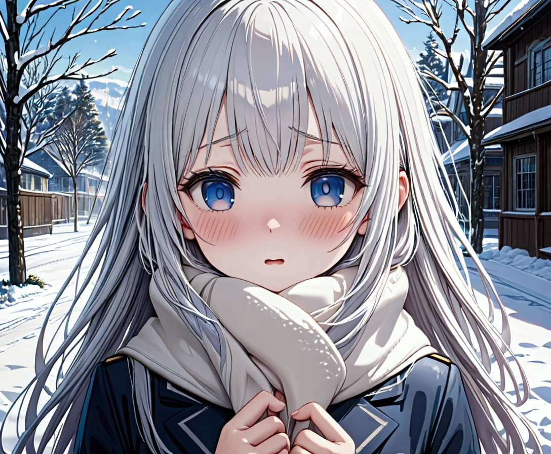 young girl, long silver hair, blue eyes, shy expression, school uniform, white scarf, snow, 8K HD