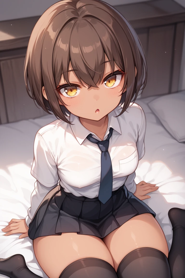 A girl, Opening my mouth as if surprised, with an expressionless look ,  blushed, between closing the eyes,   brown hair ,   tanned skin,   front view , wearing a small tie, short bob hairstyle ,   golden eyes  ,   small breasts , sitting, legs one over the other,  thick thighs, wearing a white school shirt , wearing black stockings  ,  with a black skirt 