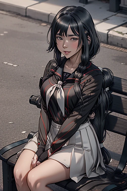 Ryoba Aishi in  a black sailor suit with white tie and white skirt, sitting on a park bench, evening