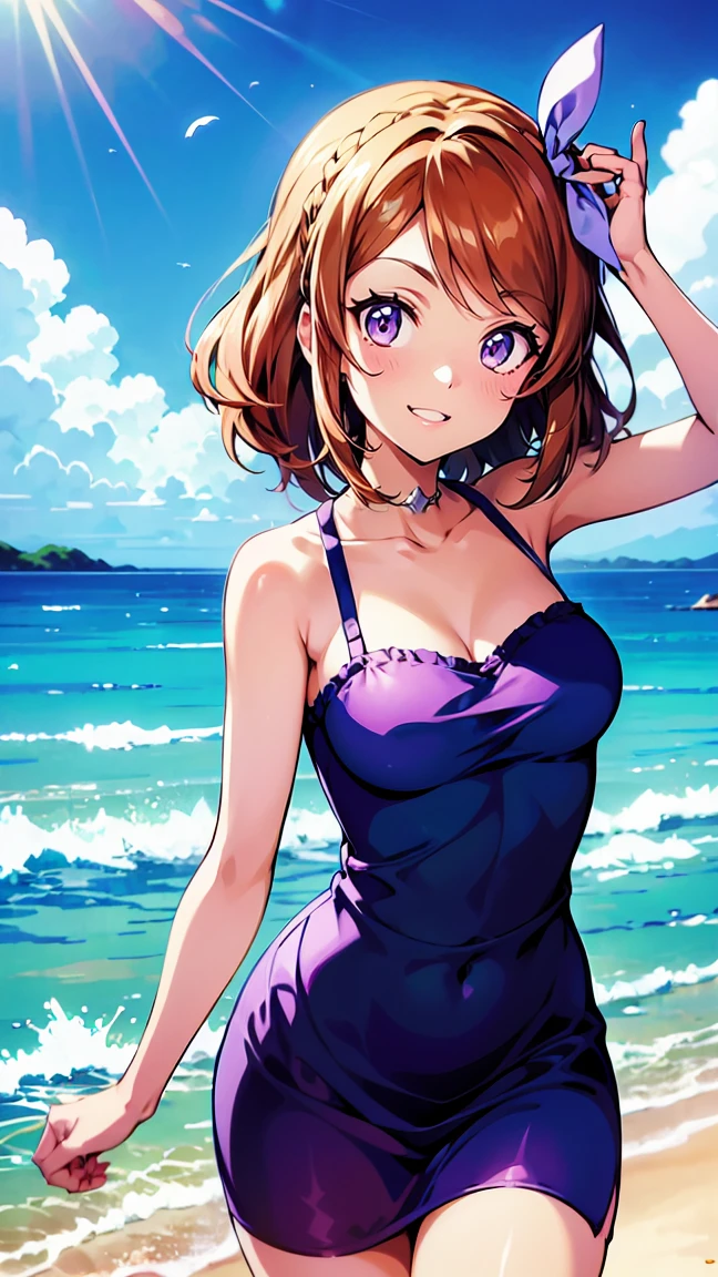  orange hair，One person， pink ribbon，Akari Ozora， Masterpiece，Idol Academy ，consider，Aikatsu characters，Close to the ocean ， Official Anime Item ， breast size is c cup，shiny breasts， lean forward，8k，4K，16k， high school idol ，Photo Collection，Face is front，Anime Coloring Book，She is 155 cm tall.， ichigo hoshimiya，Be aware of Ichigo Hoshimiya with the summer seaside in the background ，Be aware of only the color scheme Giantess ， the best smile I can only show you， anime scene，Natural skin color，Make the outline line natural，Clear Filters ，Clumsy  but hard work ，Workmanship not visible in the illustration