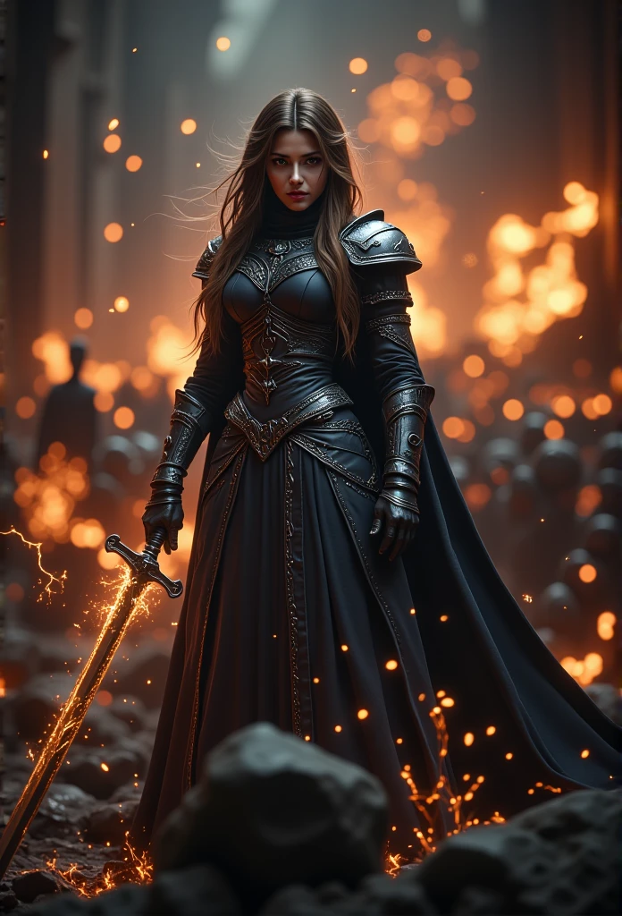 Gorgeous medieval warrior Princess, darkness, sparks, sword, fire, greatest detail, sexy, battle in background 