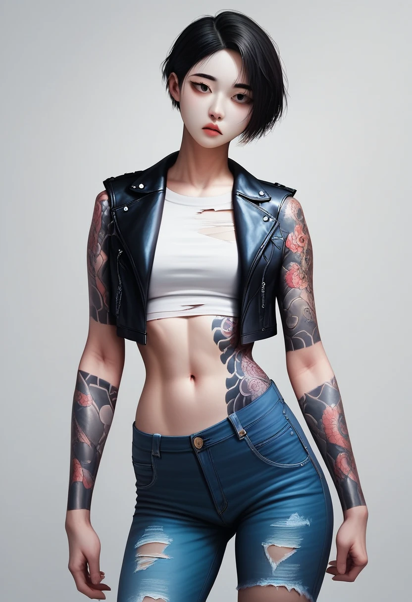 Best quality, 8k, 32k, perfect body, ultra detailed face, detailed eyes, detailed black eyelashes, charming face, short hair, detailed white skin, sweet little lips, graceful standing pose, short sleeve leather jacket, ripped short jeans, yakuza tattoo, korean girl