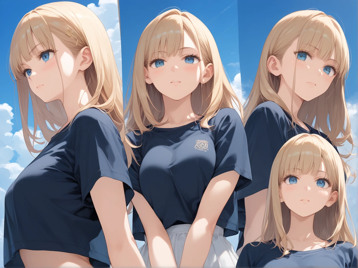 masterpiece,  High Definition , best quality,8k,
(((multi view, manga pages)))   girl  、（（smilling））, (Expressive,various angles),sky blue back,