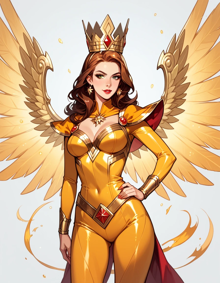 a medium-angle shot of a female superhero, adorned with a golden bodysuit and a golden crown on her head. She is striking a pose, with her right hand on her hip, while her left hand is holding a golden sword. Her wings are spread out behind her, adding a touch of power to her figure. The background is a stark white, creating a stark contrast to her golden outfit.