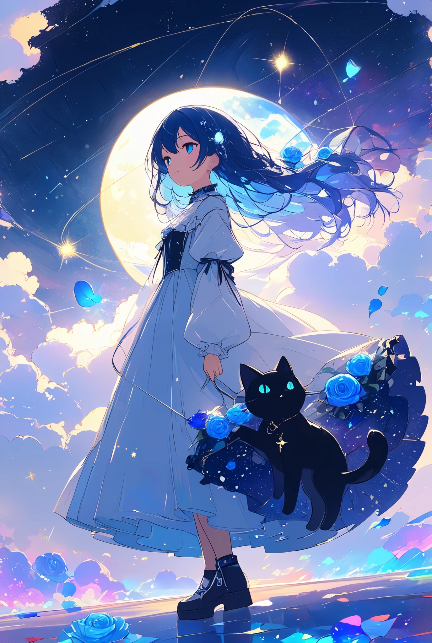 Anime Inspired by Makoto Shinkai , Space Art, (  sideways (  Black Cat), mystery, Excellent, meteor ,   Intricate Lighting  , Flashing Streetlights  ,((masterpiece:1.4)), ( top quality), (  very detailed),   Anime Style  ,   1 girl,   blue hair,   long hair, (gothic lolita), Note, meteor, space, galaxy,   aurora, Seven-colored light, (  blue rose  :1.2),   butterfly  ,    constellation,    girl rides on the crescent moon  , nebula,   blue rose   petals, Multicolored glass, entire field of Multicolored glass，Riverside，stroll， girl，  pinky ring on the girl's finger ，Girly，  the puppy frolicks at the girl's feet， A kitten walks past the girl ，sunset，The glare of neon lights around ultra high definition 4k 