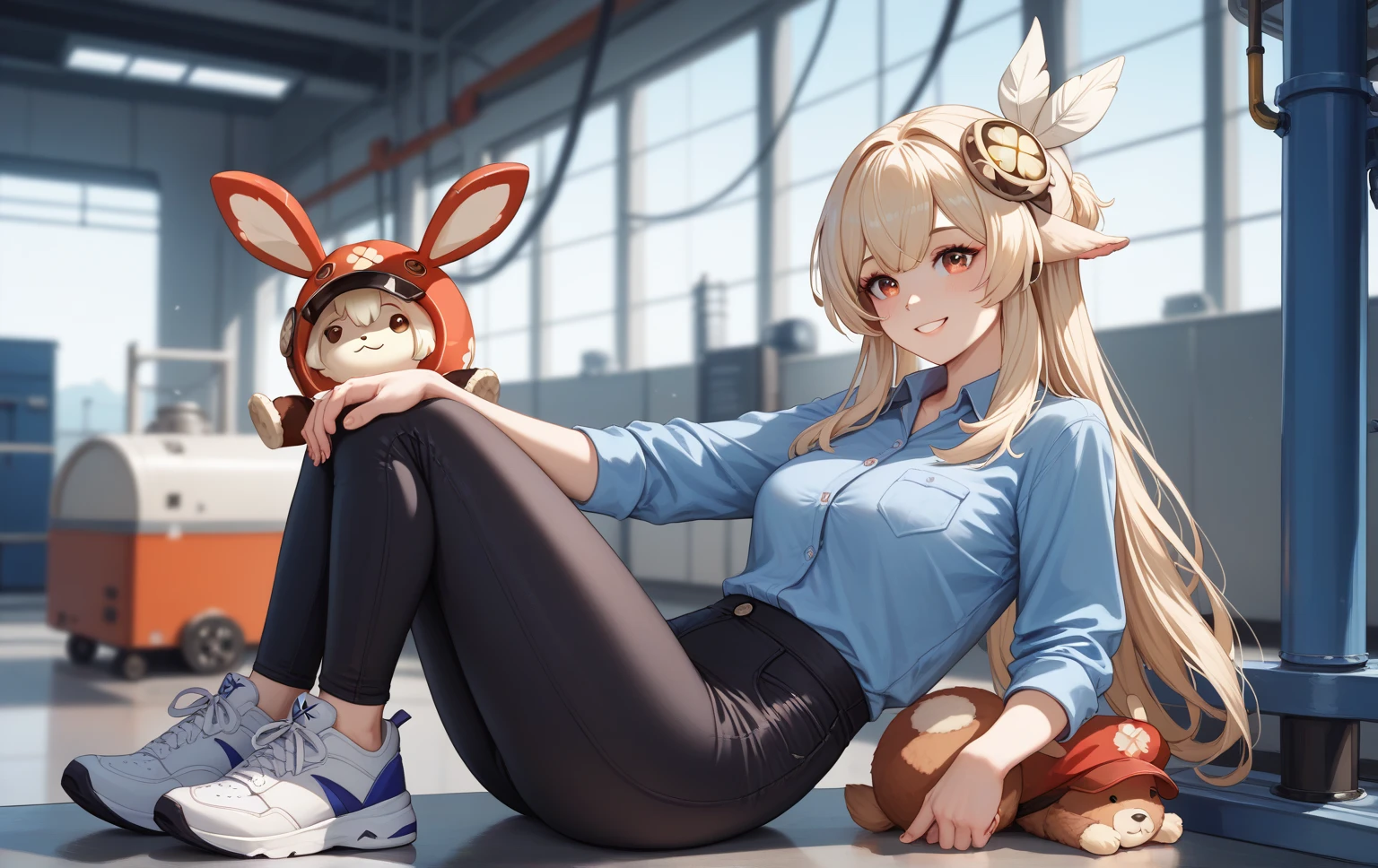 1girl, Klee \(Genshin Impact\), woman in a factory setting. She is wearing a blue polo shirt, black pants, and white sneakers. She has long hair and is smiling at the camera. Her hand is resting on her chin, as if she is deep in thought. The background is blurred, but it appears to be a factory with rows of machines and equipment. The overall mood of the image is cheerful and relaxed