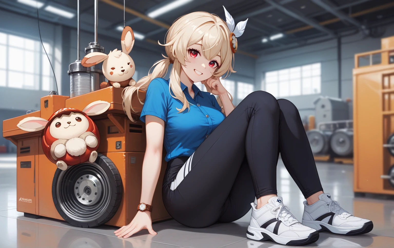 1girl, Klee \(Genshin Impact\), woman in a factory setting. She is wearing a blue polo shirt, black pants, and white sneakers. She has long hair and is smiling at the camera. Her hand is resting on her chin, as if she is deep in thought. The background is blurred, but it appears to be a factory with rows of machines and equipment. The overall mood of the image is cheerful and relaxed