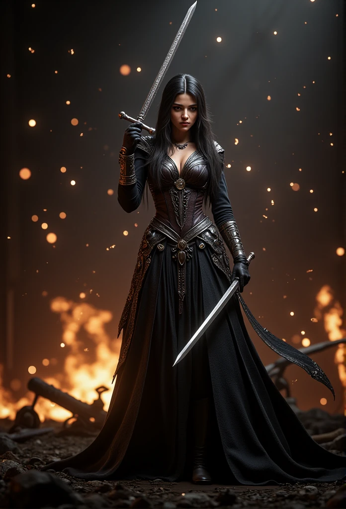 Gorgeous sexy medieval warrior Princess, darkness, sparks, sword, fire, greatest detail, sexy, battle in background 