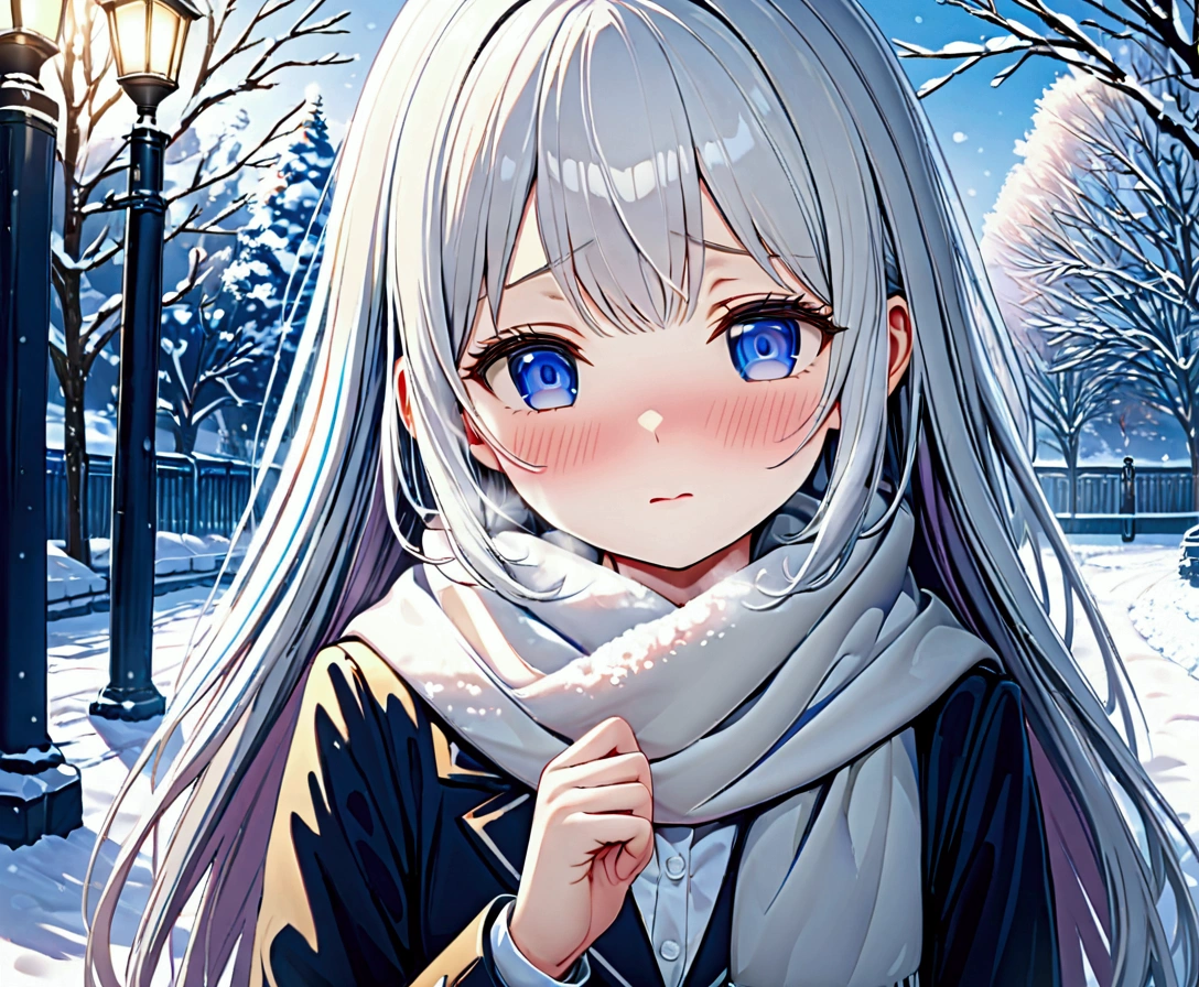 young girl, long silver hair, blue eyes, shy expression, school uniform, white scarf, snow, 8K HD