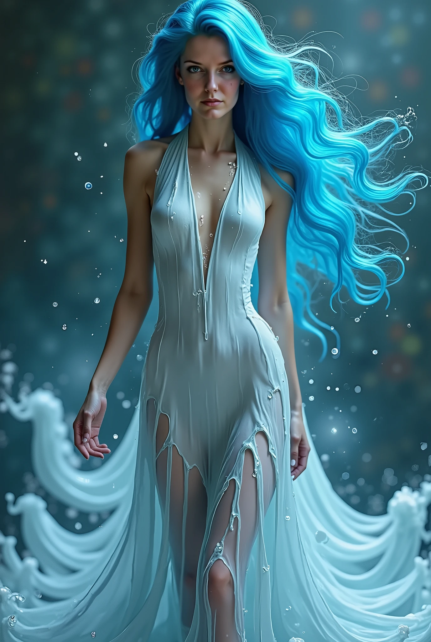 beautiful light blue haired woman ,  with wax dress melt and drip down the body ( masterpiece: 1.2), ( best quality ), 4K,  ultra detailed , ( dynamic composition : 1.4),  very detailed, colorful details , (shimmering colors: 1.2), ( bright lighting,  atmospheric lighting ), dreamy, magical, (Alone: 1.2)