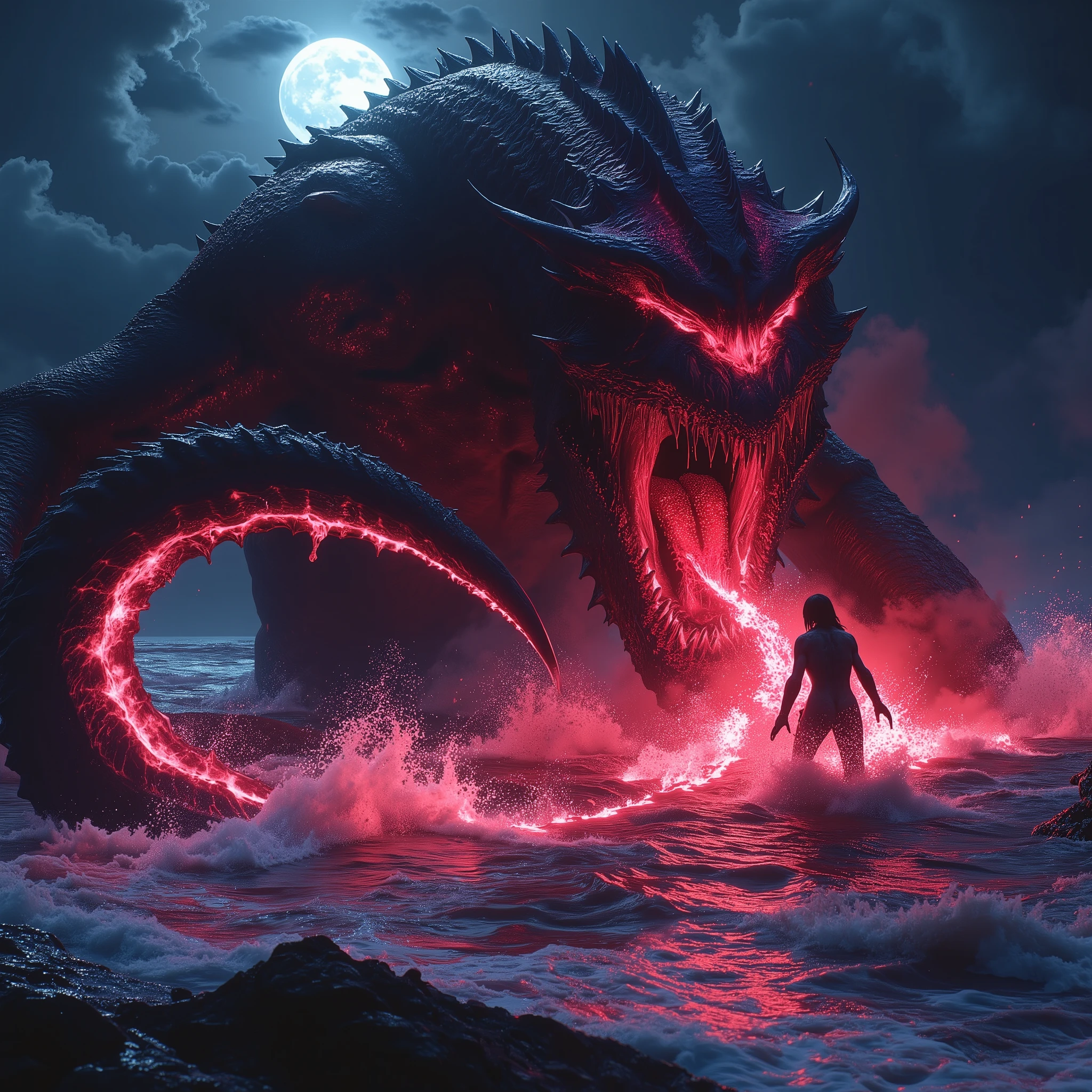 (Best Picture Quality,4K,8K,Hi-Res,Masterpiece:1.2),Ultra-Detailed,(Realistic,Photorealistic,Photorealistic:1. 37),A neon-colored, Gore,Eerie,Horror,Stormy Sea,Moon View,Sacrificed Princess Andromeda,The most beautiful princess in the world with blond hair and blue eyes,Giant monster appears from the sea,Kraken's mouth Naked princess being dragged and torn apart, bloody bites, bloodied, dismembered bodies, shredded clothes, shattered crowns, deadly teeth, vicious mouths, hideous giant fangs, bloody saliva, torn flesh, dripping blood, bright red ocean water, brutal, dark atmosphere, nightmarish scenes, nightmarish nightmarish scene, nightmarish creature, horror movie scene, gruesome details, horror fantasy, horror art, horrific fantasy, nightmare fuel, horror movie poster, horror illustrator, monster lair, exquisite gore details, ominous lighting, demonic presence, vivid gore colors , anguish, torture, fate, (Amazingly powerful and realistic compositions by Greg Rutkowski:1.2)
