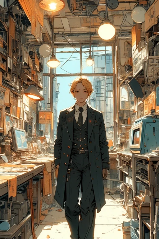Draw a 27 years old blonde yellow hair medic, sitting on a medical bay research platform at the space ship, asteroid belt visible through the big window. He is studying with a notebook, surrounded by several asteroids glowing with fiery auras. Drips of red blood here and there, Dramatic lighting from distant stars and planets illuminates the scene, casting deep shadows on the medical coat. The young man looks confident and determined, looking at the vast and mysterious universe with wonder and respect, cowboy shot, middle lengh hair, red contrast colour, blood splater here and there