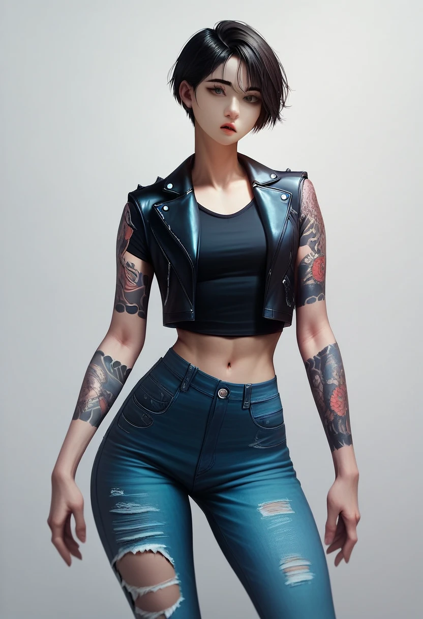 Best quality, 8k, 32k, perfect body, ultra detailed face, detailed eyes, detailed black eyelashes, charming face, short hair, sweet little lips, graceful standing pose, short sleeve leather jacket, ripped short jeans, yakuza tattoo, korean girl