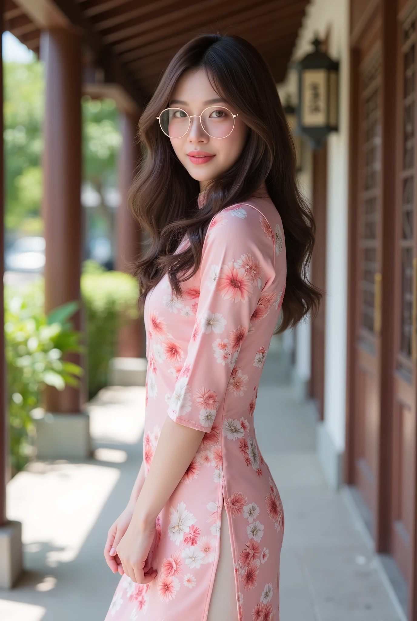A 35-year-old Chinese beauty with an oval face, big mouth and red lips, white and delicate skin, red cheeks, round chin, long jaw, Jaw angle 90°, narrow face, prominent apple muscles, deep smile lines, oval shape dimples under the cheeks. wearing glasses, big round eyes, a pursed smile, and the corners of his mouth are high raised. She has long hair hanging on both shoulders , with curls at the ends. She is wearing a white cheongsam with high slits. She has a graceful figure and a charming look. She is trotting along the corridor on tiptoe with a pair of white jade-like feet, and her calves have beautiful lines. A full-body photo with a size ratio of 2:3, with the person on the left side of the photo, parallel to the long side.detailed real skin texture and hair, detailed fabric texture, delicate details,
