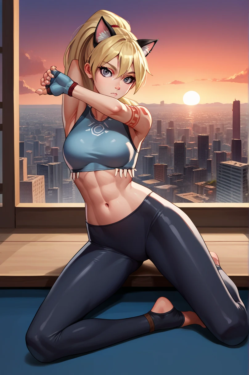 score_9, score_8_up, score_7_up, score_6_up, source_anime, 1girl, solo,  btlgl, blonde hair, grey eyes, ponytail, nude, cat eyes, midriff, cat ears, skin tight, fingerless gloves, split, stretching, tribal tattoos, full body, looking at you, fit, sunset, city skyline, sitting