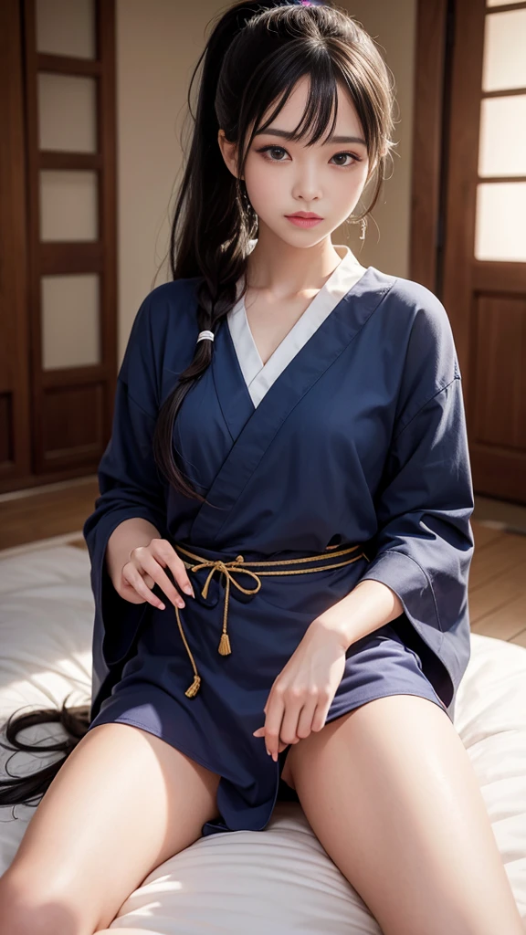 best qualtiy、masterpiece、photoRealstic、intricate-detail、Raw foto、Photon Rendering、Octane Rendering、absurderes、ultra-detailliert、A detailed face、Detailed skin、Trending in art stations、8K Masterpiece、lighting like a movie、( (1girl in))、((独奏) ))、CG Social Trends、Plastic En、((Black Long Hair))、((Beautuful Women))、(A smile)、Upper teeth、Fashionable、Hair that flutters in the wind、((Flowing hair))、fashion magazine、((A sexy))、((lighting like a movie)、((indirect lighting)、、(ssex)、Grinning、(View from a distance)、((Kimono))、Hair is up、Lying in bed、Expose、an legs、
