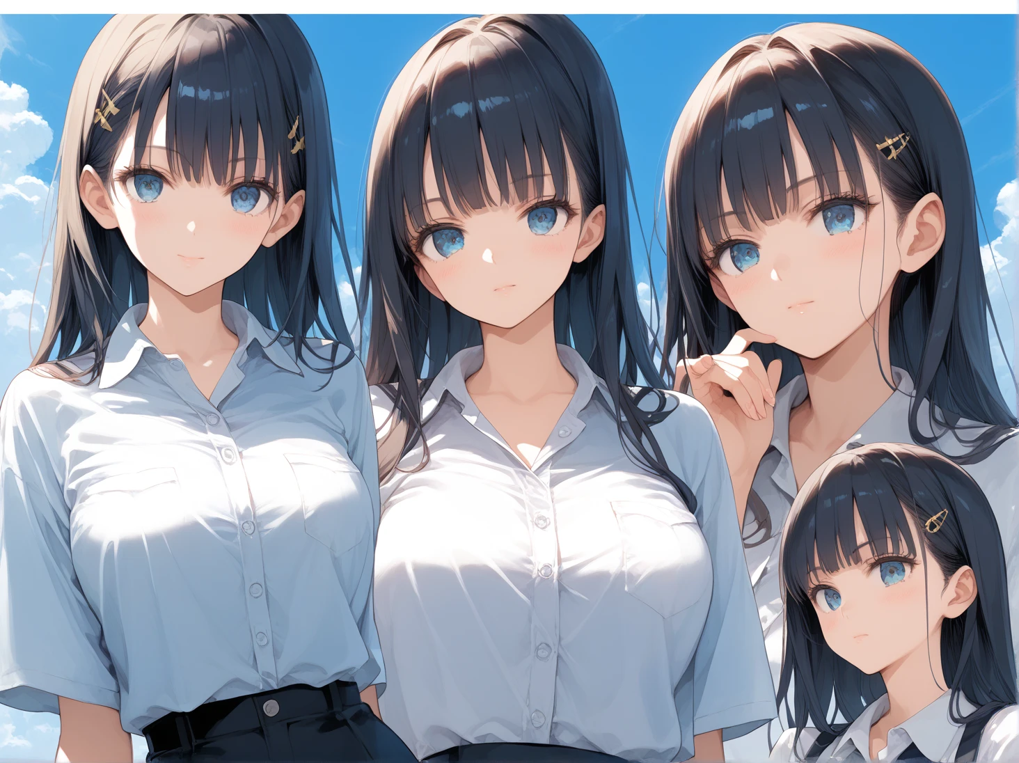 masterpiece,  High Definition , best quality,8k,
(((multi view, manga pages)))  school girl  、（（smilling））, (Expressive,various angles),sky blue back,