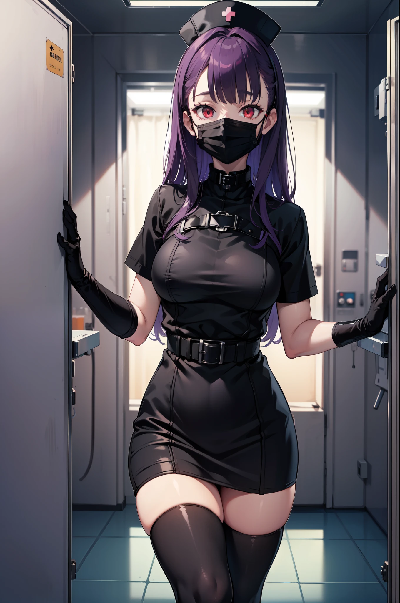 black nurse, 1woman, solo, black nurse cap, black nurse uniform, ((black legwear, zettai ryouiki)), black elbow gloves, long hair, purple hair, red eyes, ((black surgical mask, covered nose)), standing, ((surgery room)), sharp outline, short sleeves, mature female, 35 years old, best quality, masterpiece